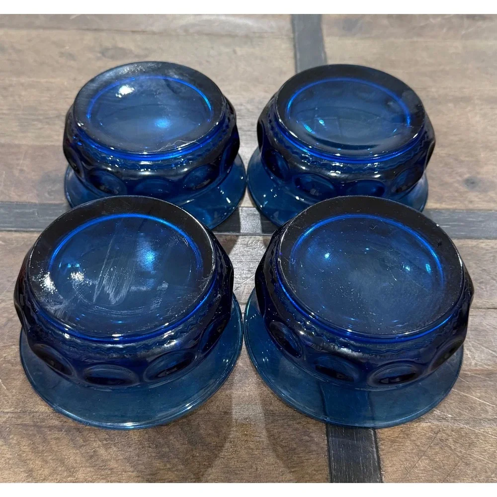 4 Vintage Cobalt Blue Glass Dessert Bowls Thumbprint Kings Crown Mid Century Set